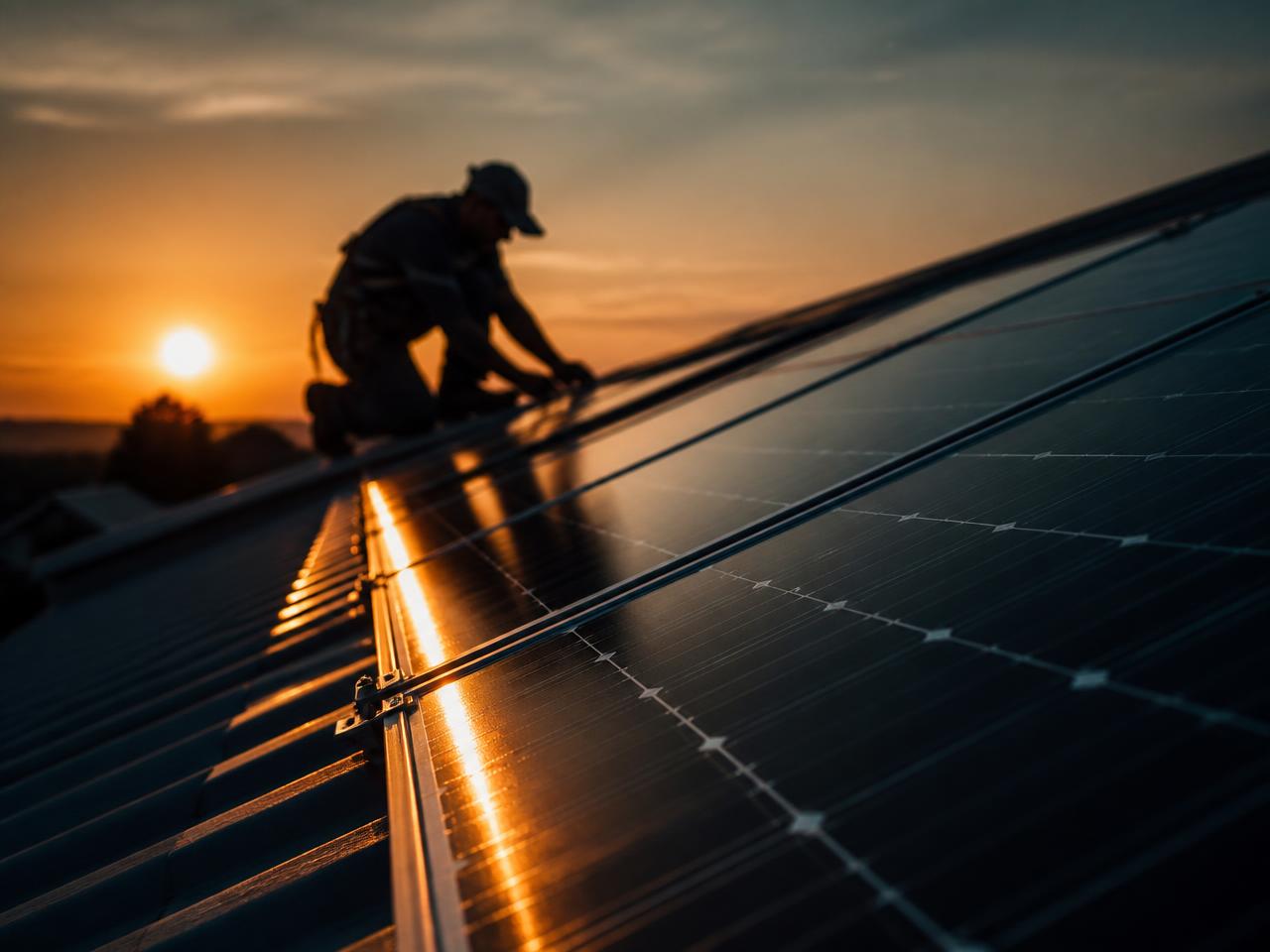 Instalação de painéis solares ao entardecer