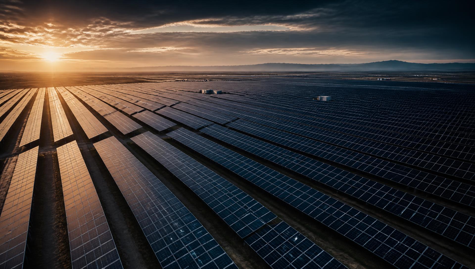 Usina solar de grande porte ao amanhecer